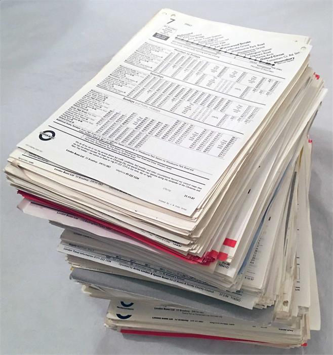 Very large quantity of London Transport bus stop PANEL TIMETABLES from the 1970s/80s/90s. Completely