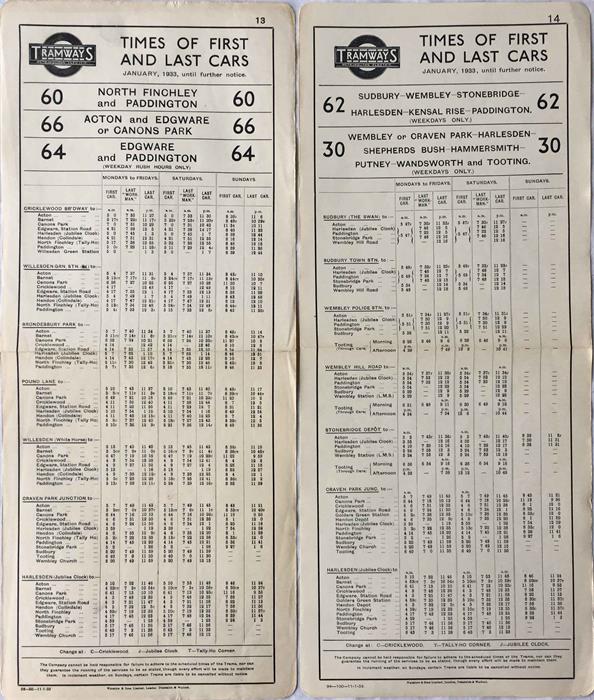 Pair of Metropolitan Electric Tramways (Underground Group) PANEL TIMETABLES dated January 1933, - Image 2 of 2