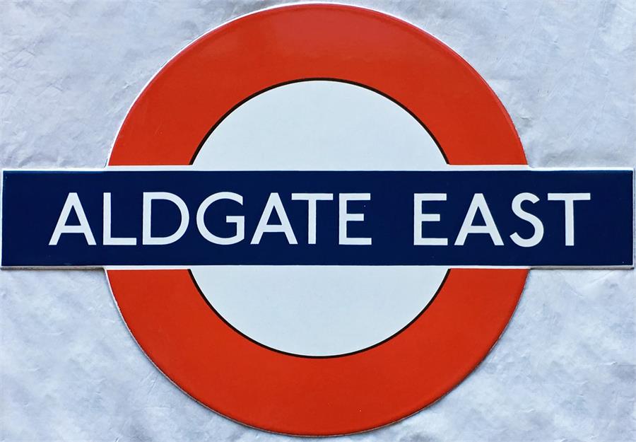 A small London Underground enamel PLATFORM BULLSEYE SIGN from Aldgate East station. Believed to have - Image 2 of 2