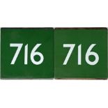 Pair of London Transport coach stop enamel E-PLATES for Green Line route 716. Both in excellent,