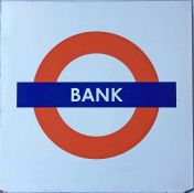 London Underground enamel PLATFORM ROUNDEL SIGN from Bank station. Measures 25" (64cm) square and is