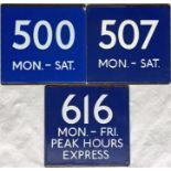 Small selection of London Transport bus stop enamel E-PLATES comprising Red Arrow routes 500 Mon-Sat