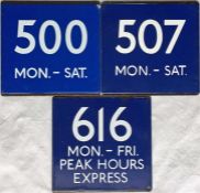 Small selection of London Transport bus stop enamel E-PLATES comprising Red Arrow routes 500 Mon-Sat