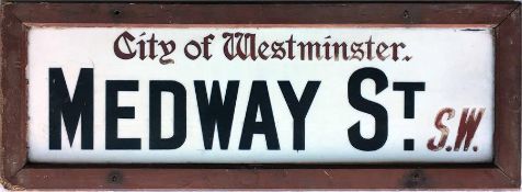 A c1930s City of Westminster opal glass STREET SIGN from Medway St, SW, a residential street in