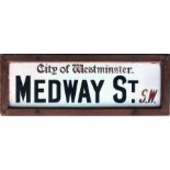 A c1930s City of Westminster opal glass STREET SIGN from Medway St, SW, a residential street in