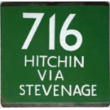 London Transport coach stop enamel E-PLATE for Green Line route 716 destinated Hitchin via