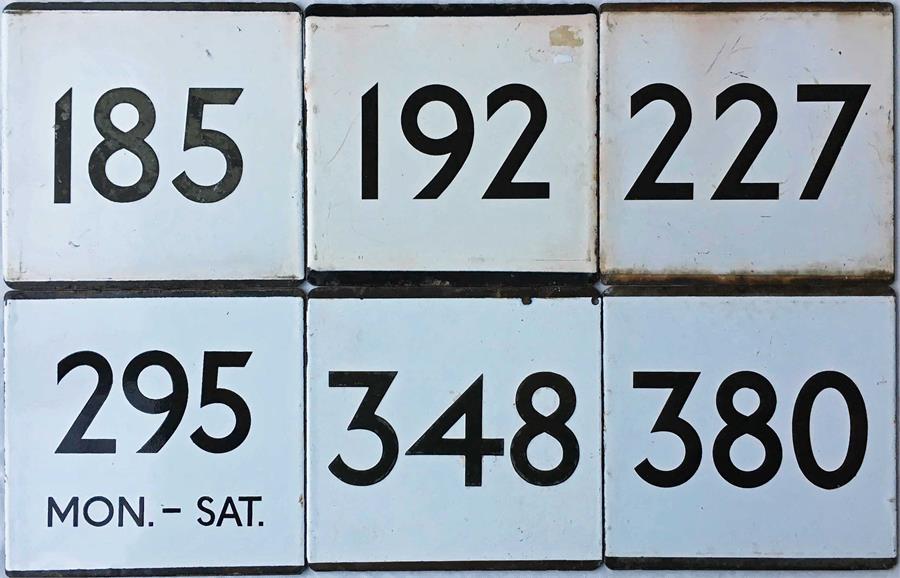 Selection of London Transport bus stop, enamel E-PLATES comprising routes 185, 192, 227, 295 Mon- - Image 2 of 2