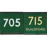Pair of London Transport coach stop enamel Green Line E-PLATES for routes 705 and 715 destinated