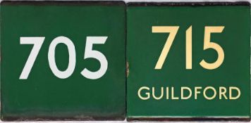 Pair of London Transport coach stop enamel Green Line E-PLATES for routes 705 and 715 destinated