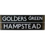 London Underground 1938-Tube Stock enamel CAB DESTINATION PLATE for Golders Green / Hampstead on the