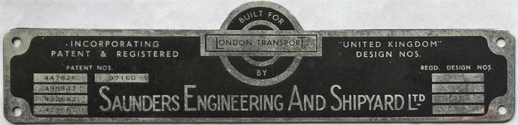 London Transport RT bus BODYBUILDER'S PLATE for Saunders Engineering and Shipyard Ltd from one of