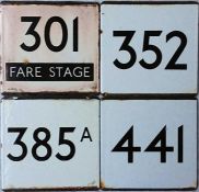 Selection of London Transport bus stop, enamel E-PLATES comprising routes 301 Fare Stage, 352,