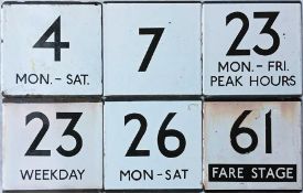 Selection of London Transport bus stop, enamel E-PLATES comprising routes 4 Mon-Sat, 7, 23 Mon-Fri