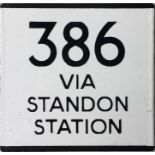 London Transport/London Country bus stop enamel E-PLATE for route 386 destinated "via Standon