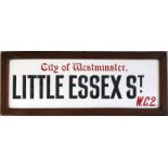 A c1930s City of Westminster opal glass STREET SIGN from Little Essex Street, WC2, a short street