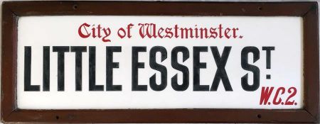 A c1930s City of Westminster opal glass STREET SIGN from Little Essex Street, WC2, a short street