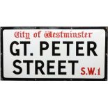 A City of Westminster enamel STREET SIGN from Gt. Peter Street, SW1, a long thoroughfare which leads