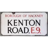 1930s-50s Borough of Hackney LONDON STREET SIGN for Kenton Road, E9. An enamel sign with bronze