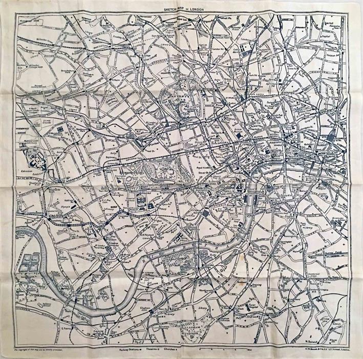 c1910-15 G W Bacon & Co Ltd SKETCH MAP OF LONDON printed on soft linen, showing railways, roads,