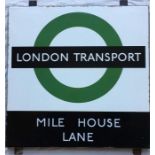 1950s/60s London Transport enamel BUS STOP SIGN ' Mile House Lane' from a 'Keston' wooden bus