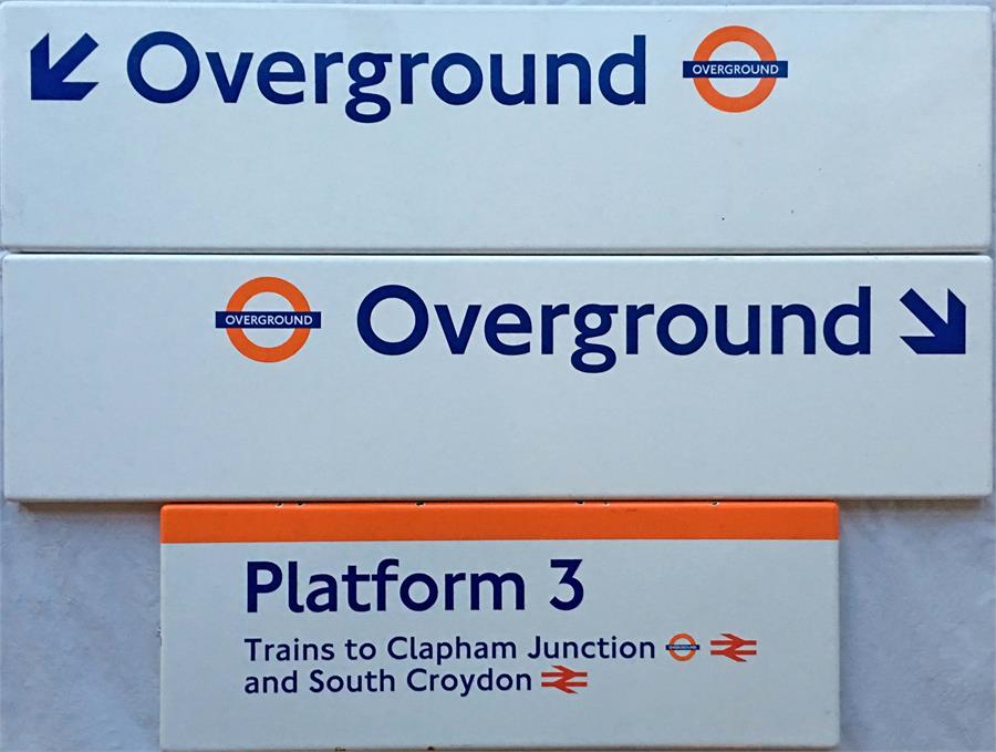 Selection (3) of London Overground fully flanged ENAMEL SIGNS, each featuring the Overground - Image 2 of 2