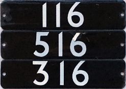 Set of London Underground 1973 Tube Stock enamel STOCK-NUMBER PLATES from a 3-car unit: 116, 516 and