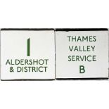 Pair of London Transport bus stop enamel E-PLATES for route 1 Aldershot & District and Thames Valley