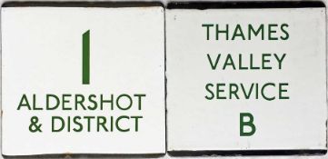 Pair of London Transport bus stop enamel E-PLATES for route 1 Aldershot & District and Thames Valley
