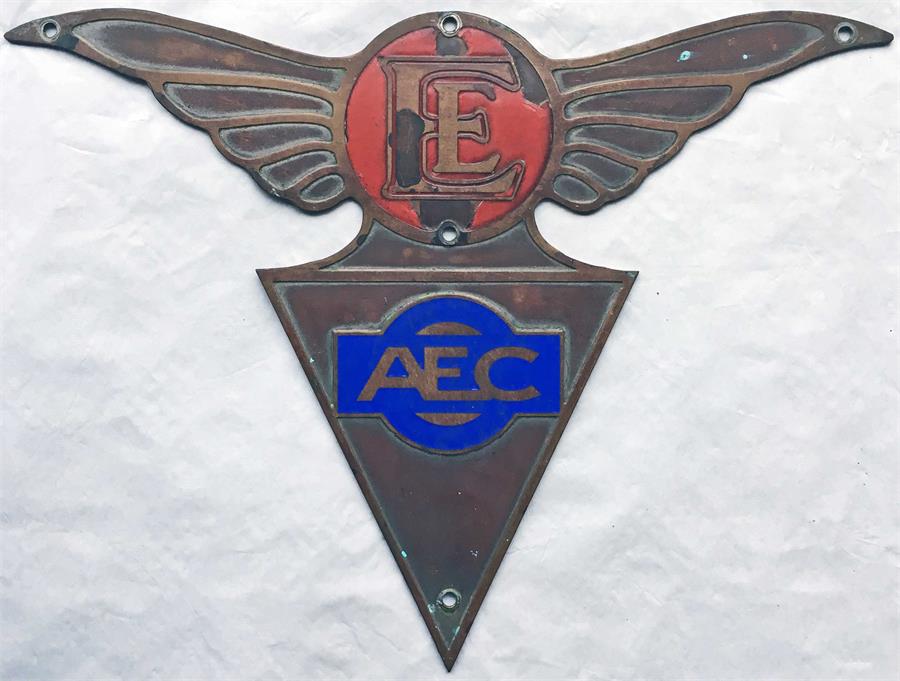 A 1930s enamel-on-brass AEC & English Electric TROLLEYBUS BADGE from an AEC trolleybus with