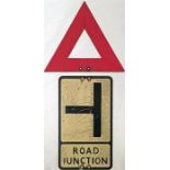 Two-part 1950s/60s ROAD SIGN for a left-hand junction consisting of the warning triangle and the