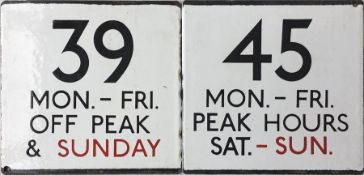 Pair of London Transport bus stop enamel E-PLATES for routes 39 Mon-Fri, Off Peak & Sunday and 45