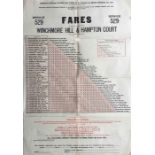 1920s London bus FARECHART ('Fares') POSTER for route 529 between Winchmore Hill and Hampton