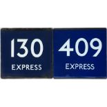 Pair of London Transport/London Country bus stop enamel E-PLATES for routes 130 Express and 409