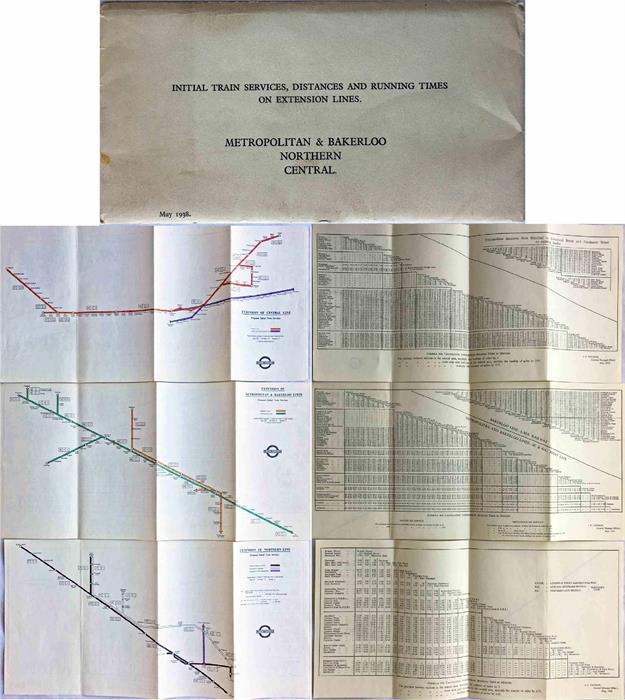 Set of 3 x 1938 London Underground CHARTS 'Initial Train Services, Distances and Running Times on