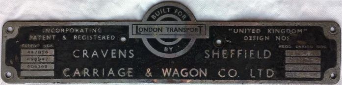 London Transport RT bus BODYBUILDER'S PLATE for Cravens Carriage & Wagon Co Ltd, Sheffield from