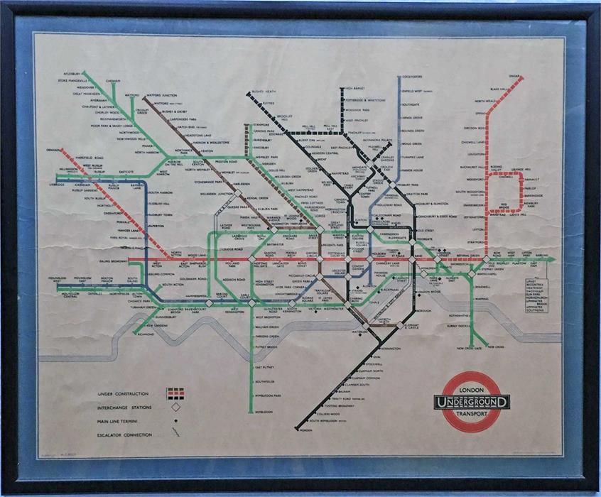 1939 London Underground POSTER MAP by H C Beck. Shows the planned extensions of the Central Line