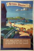 1940s double-crown POSTER 'Britain Awaits' by Blake featuring a colourful illustration of a coach