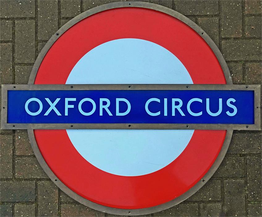 London Underground enamel PLATFORM ROUNDEL SIGN from Oxford Circus Station. This is a medium-size