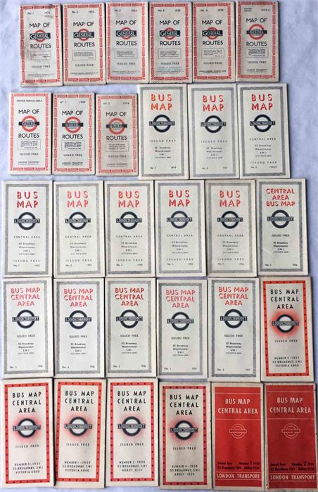 Quantity (30) of LGOC/London Transport Bus POCKET MAPS dated from 1933-1939. All different.