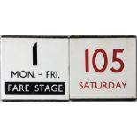 Pair of London Transport bus stop enamel E-PLATES for route 1 Mon-Fri Fare Stage and for route 105