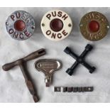 Selection of bus BELL PUSHES, one bakelite and two metal, plus a selection of 3 x BUDGET KEYS plus a