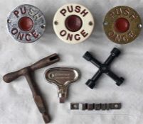 Selection of bus BELL PUSHES, one bakelite and two metal, plus a selection of 3 x BUDGET KEYS plus a