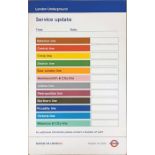 London Underground ENAMEL SIGN 'Service update' with each line listed in its background colour and a