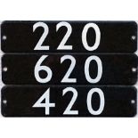 Set of London Underground 1973 Tube Stock enamel STOCK-NUMBER PLATES from a 3-car unit: 220, 620 and