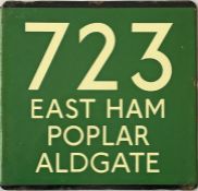 London Transport coach stop enamel E-PLATE for Green Line route 723 destinated East Ham, Poplar,