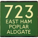 London Transport coach stop enamel E-PLATE for Green Line route 723 destinated East Ham, Poplar,