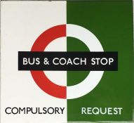 London Transport enamel BUS & COACH STOP FLAG ('Bus Compulsory, Coach Request'). A small, single-