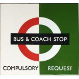 London Transport enamel BUS & COACH STOP FLAG ('Bus Compulsory, Coach Request'). A small, single-