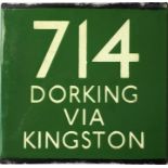 London Transport coach stop enamel E-PLATE for Green Line route 714 destinated Dorking via Kingston.