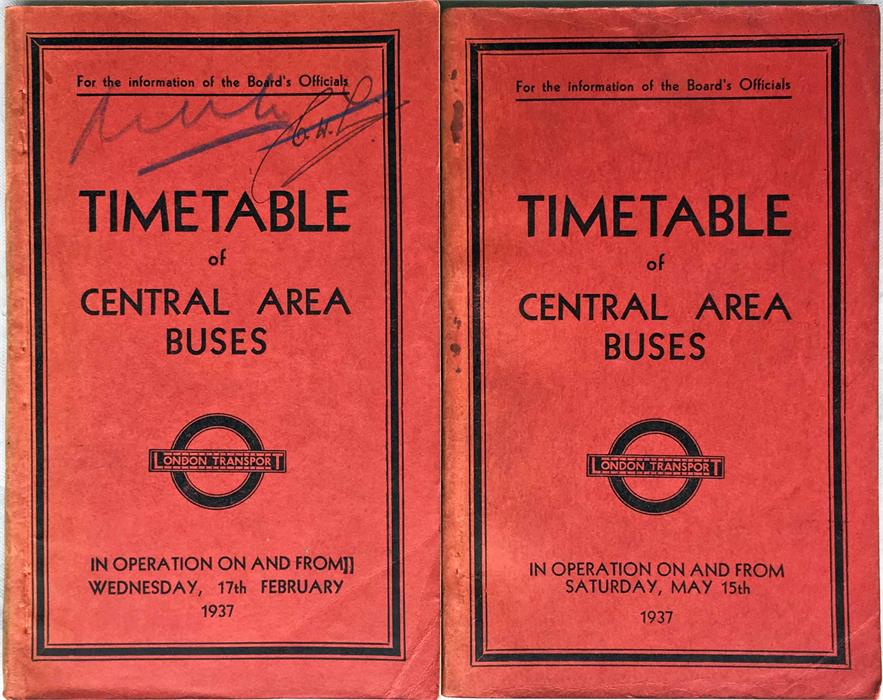 Pair of 1937 London Transport Officials' TIMETABLE BOOKLETS of Central Area Buses ('Red Books')